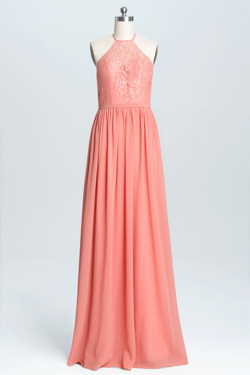 Halter Coral A-line Lace and Chiffon Long Bridesmaid Dress