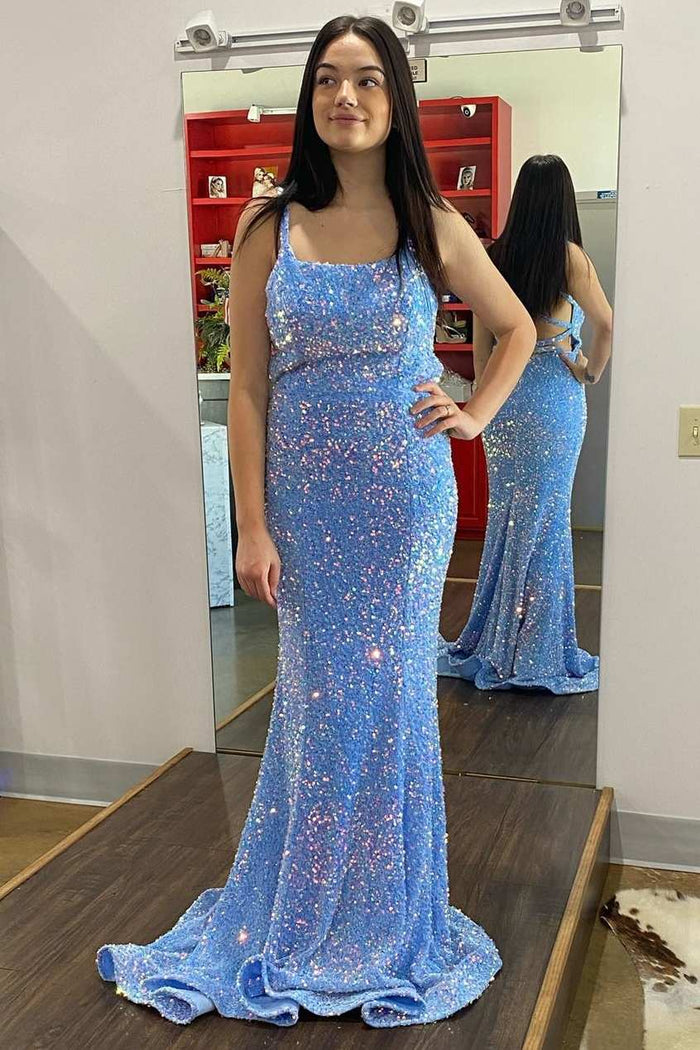 Blue Iridescent Sequin Straps Backless Mermaid Long Prom Dress
