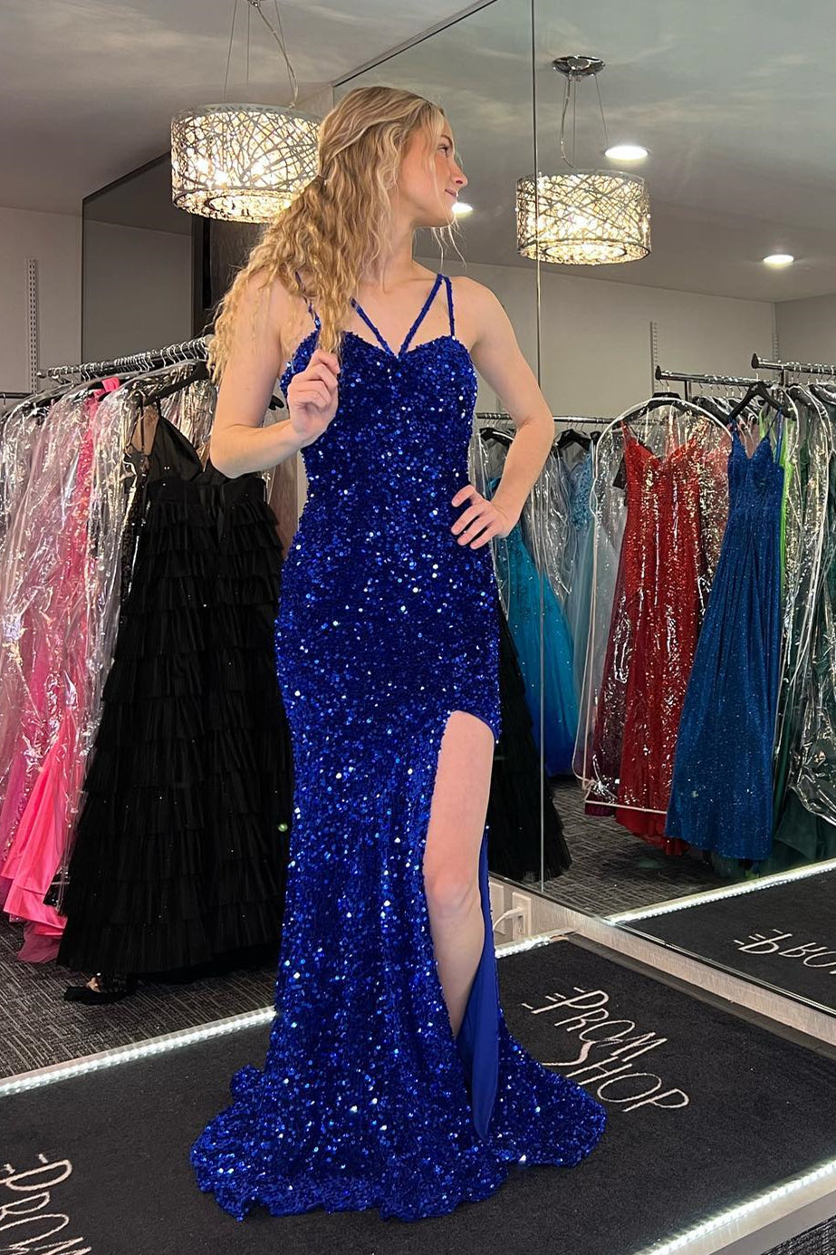 Royal Blue Mermaid Straps Sequins Long Prom Dress with Slit