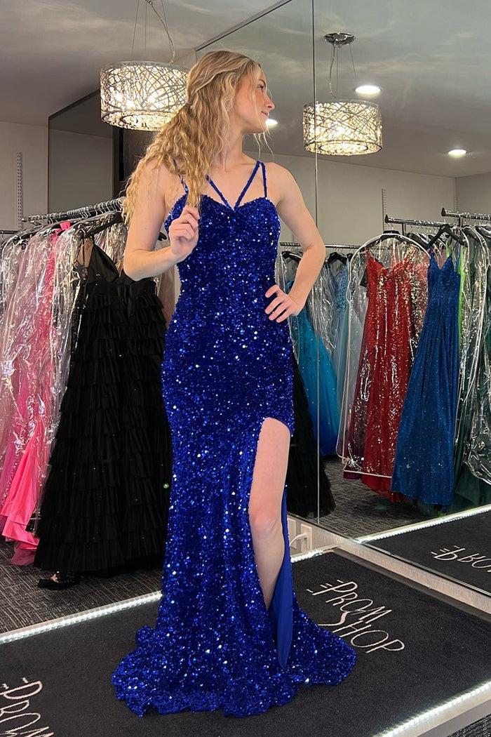 Royal Blue Mermaid Straps Sequins Long Prom Dress with Slit