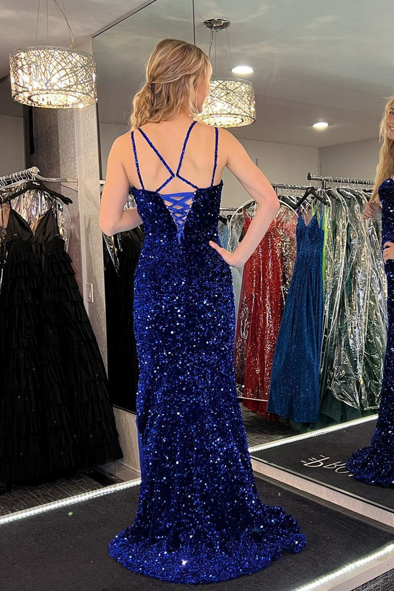 Royal Blue Mermaid Straps Sequins Long Prom Dress with Slit