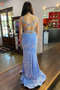 Blue Iridescent Sequin Straps Backless Mermaid Long Prom Dress