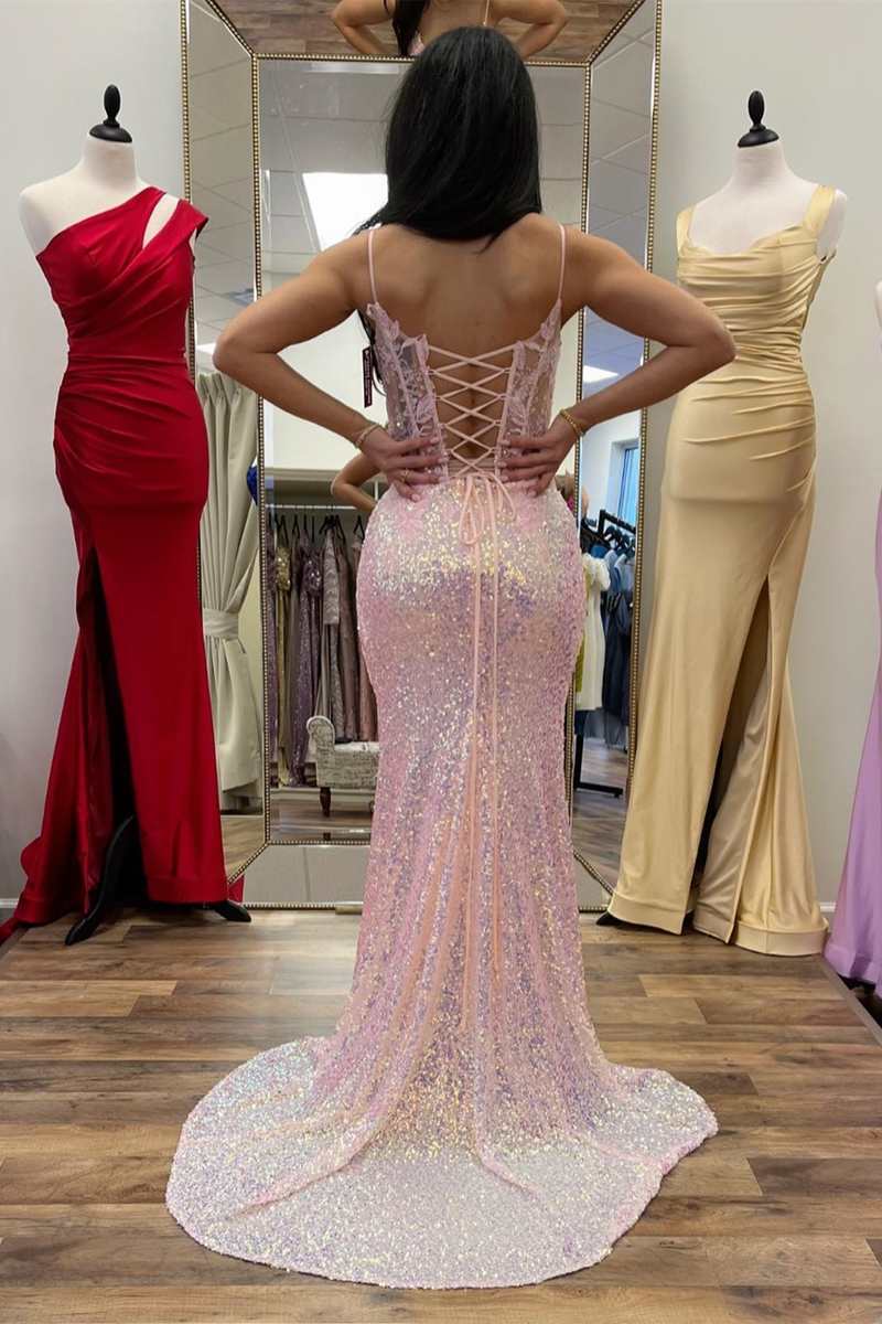 Light Blue Iridescent Sequin Floral Lace Mermaid Long Prom Dress with Slit