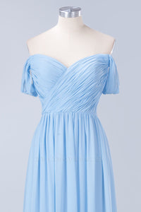Blue Off the Shoulder Pleated Chiffon Long Bridesmaid Dress