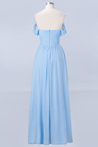 Blue Off the Shoulder Pleated Chiffon Long Bridesmaid Dress