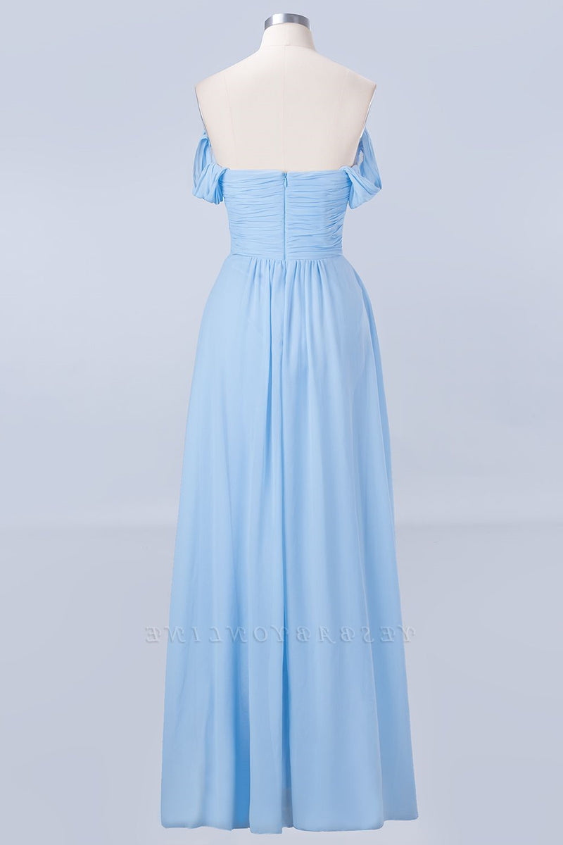Blue Off the Shoulder Pleated Chiffon Long Bridesmaid Dress