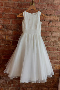 White Jewel Sleeveless Long Flower Girl Dress with Bow Tie Back Sash