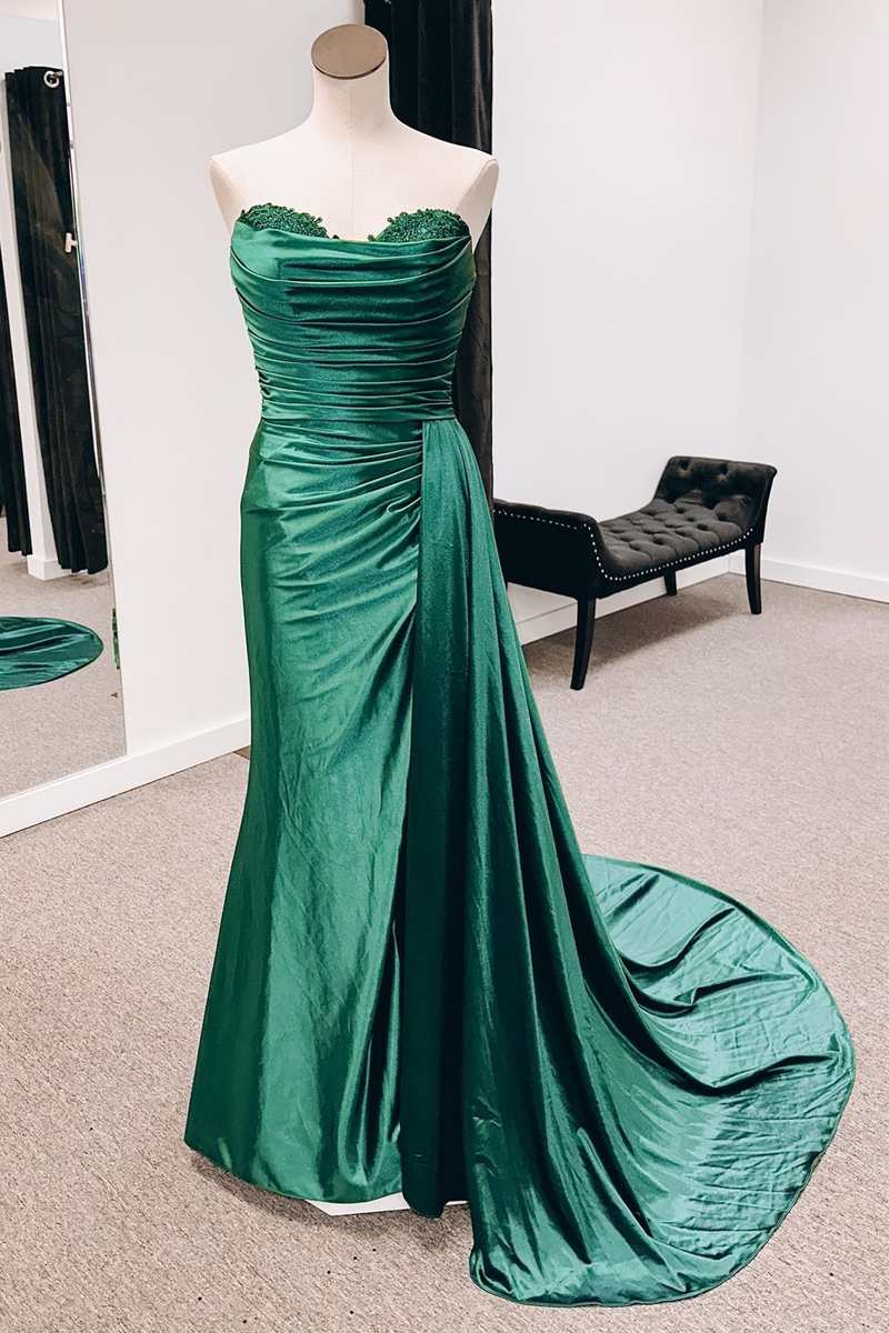 Green Satin Strapless Long Formal Dress with Attached Train