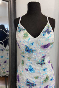 White Backless Tight Mini Homecoming Dress with Iridescent Butterflies