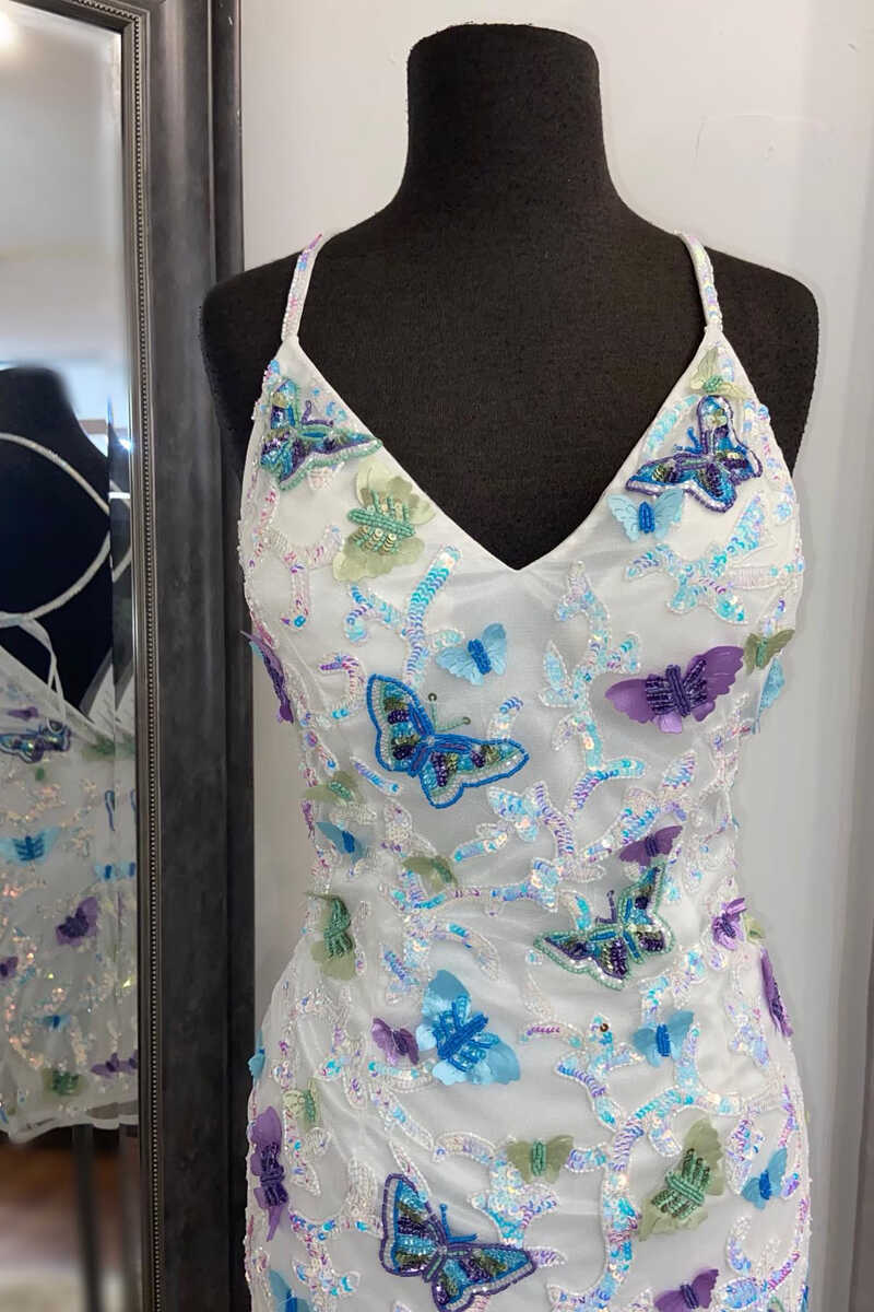 White Backless Tight Mini Homecoming Dress with Iridescent Butterflies