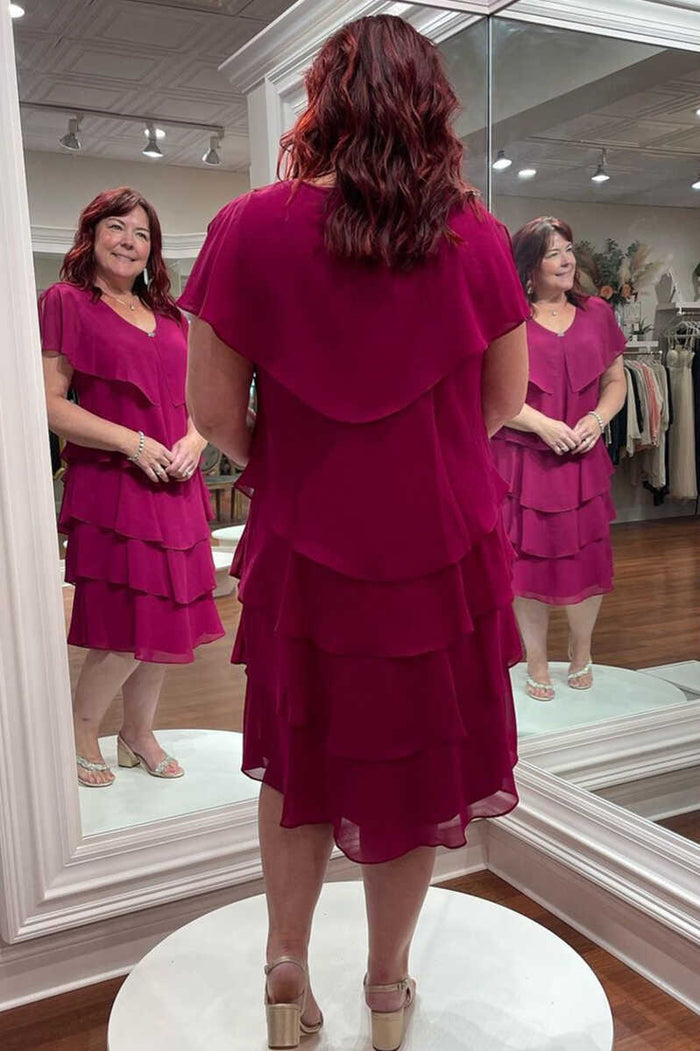 Multi-Tiered Magenta V-Neck Short Mother of the Bride Dress