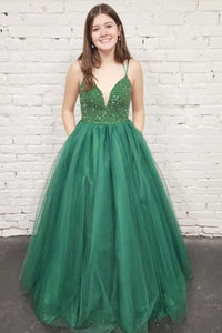 Green Tulle Sequin Lace-Up Back A-Line Prom Gown