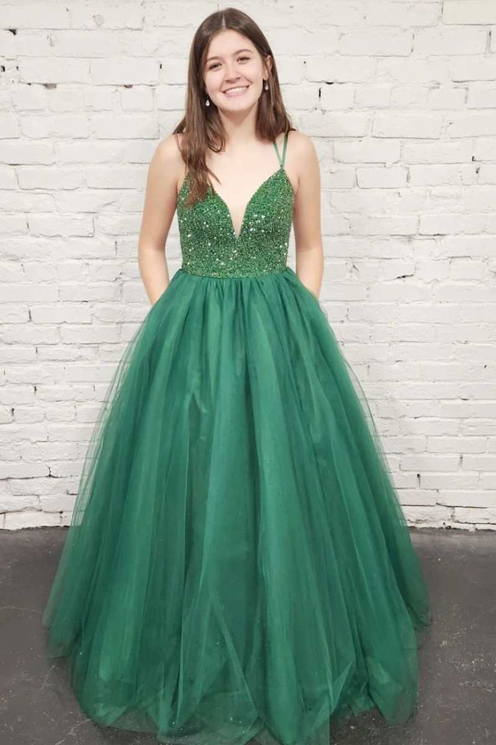 Green Tulle Sequin Lace-Up Back A-Line Prom Gown