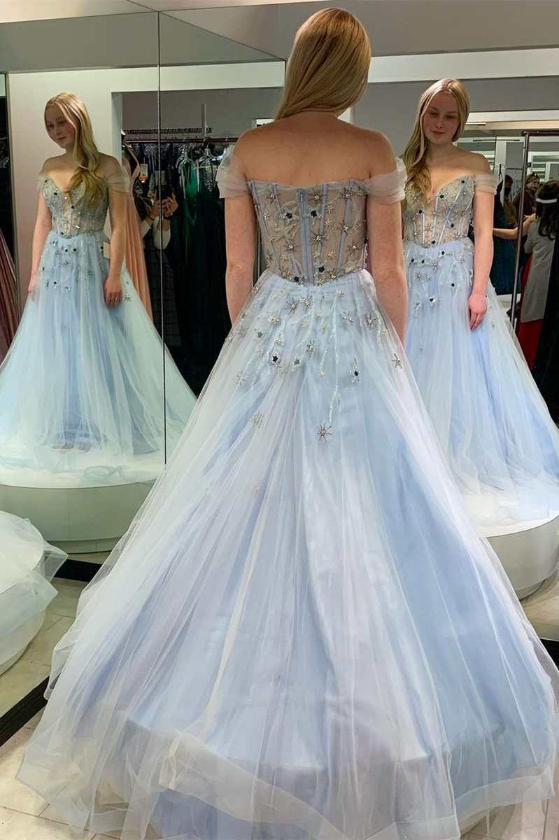 Fairy-Tale Light Blue Tulle Beaded Off-the-Shoulder A-Line Prom Gown