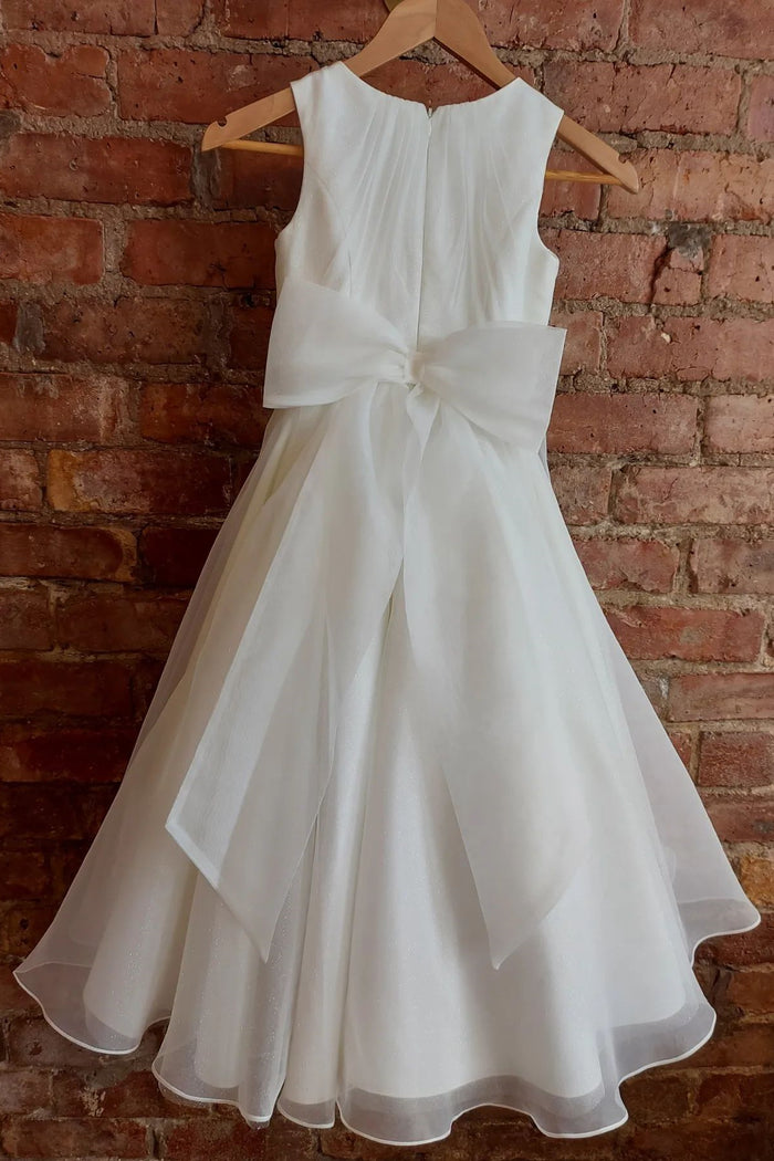 White Jewel Sleeveless Long Flower Girl Dress with Bow Tie Back Sash