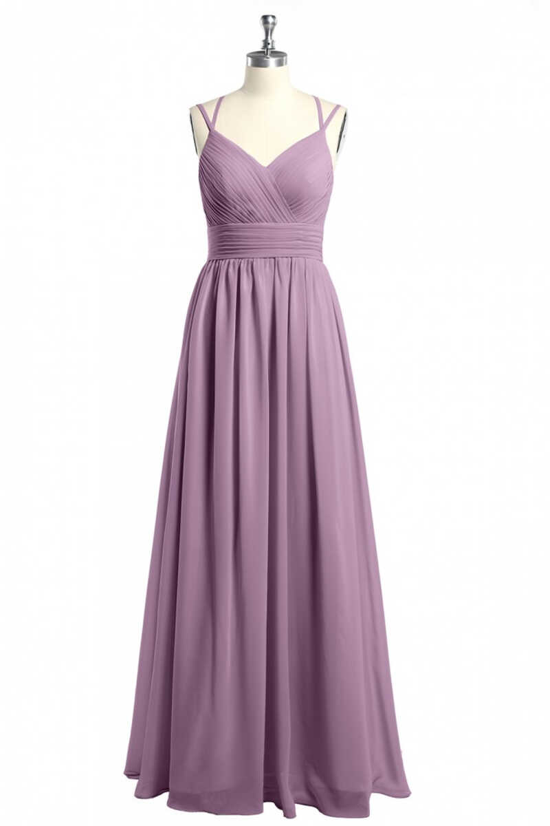 Burgundy Chiffon Spaghetti Straps A-line Long Bridesmaid Dress