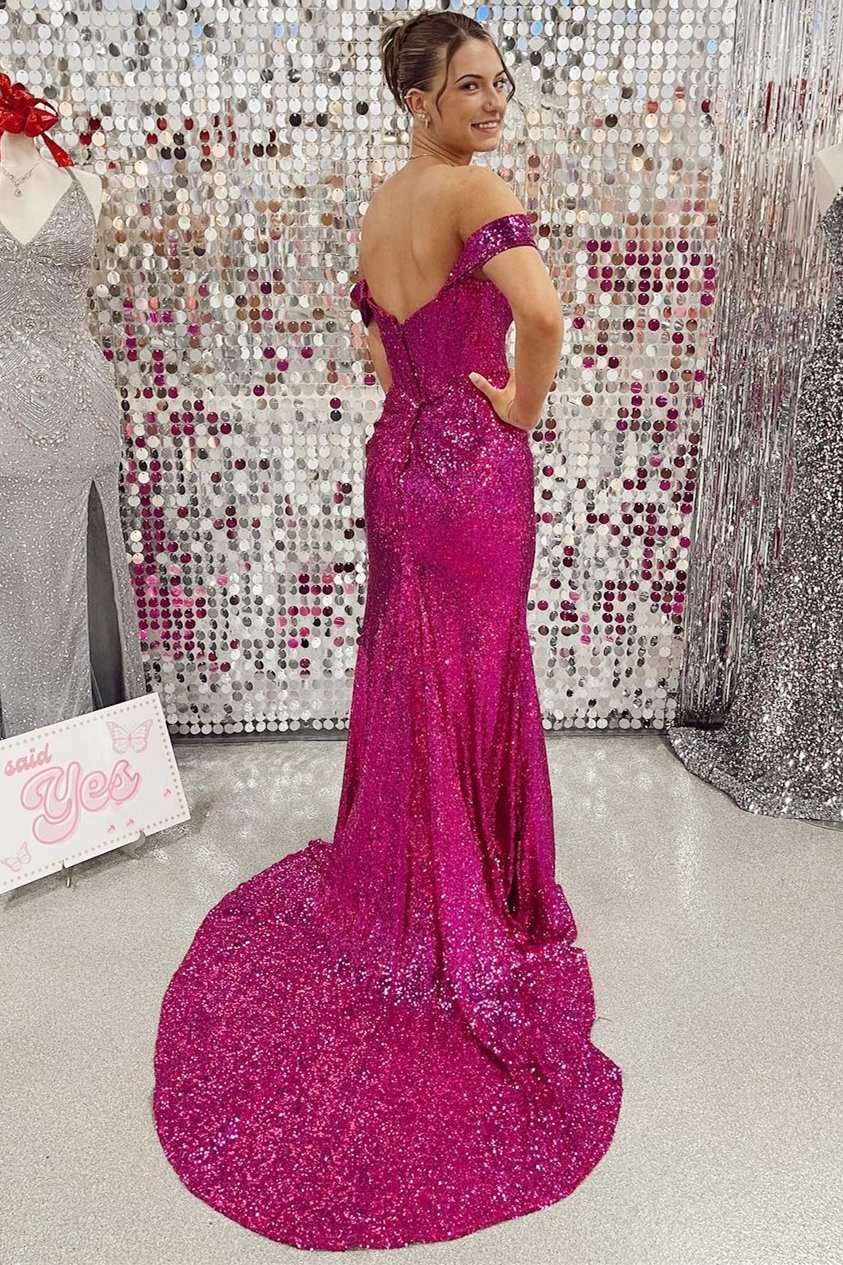 Sequin Off-the-Shoulder Sheath Long Formal Dress with Slit