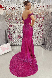 Sequin Off-the-Shoulder Sheath Long Formal Dress with Slit