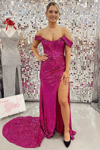 Sequin Off-the-Shoulder Sheath Long Formal Dress with Slit