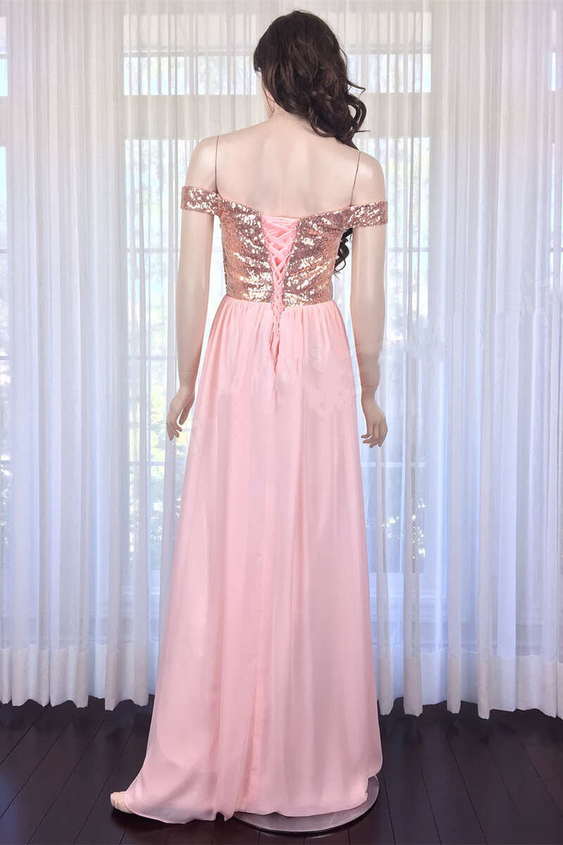 Pink Sequin Off-the-Shoulder Long Bridesmaid Dress
