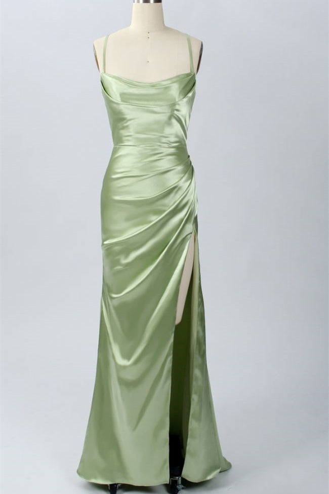 Elegant Sage Green Mermaid Cowl Neck Long Bridesmaid Dress