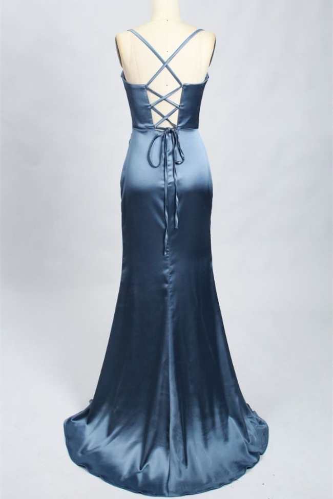 Teal Blue Cowl Neck Mermaid Long Prom Dress with Slit