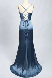 Teal Blue Cowl Neck Mermaid Long Prom Dress with Slit