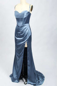 Teal Blue Cowl Neck Mermaid Long Prom Dress with Slit