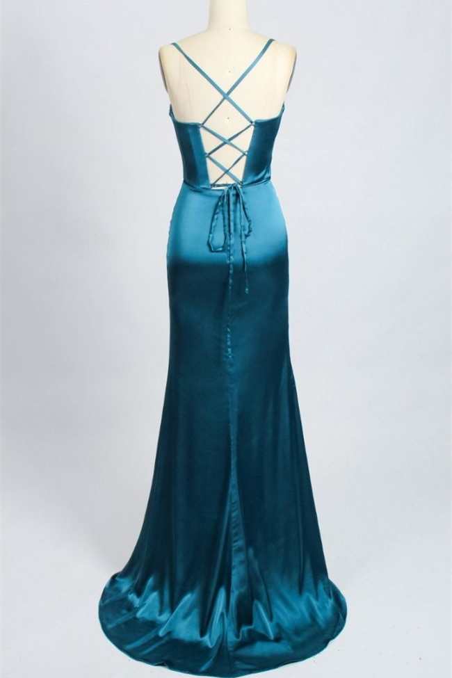 Teal Blue Cowl Neck Mermaid Long Prom Dress with Slit