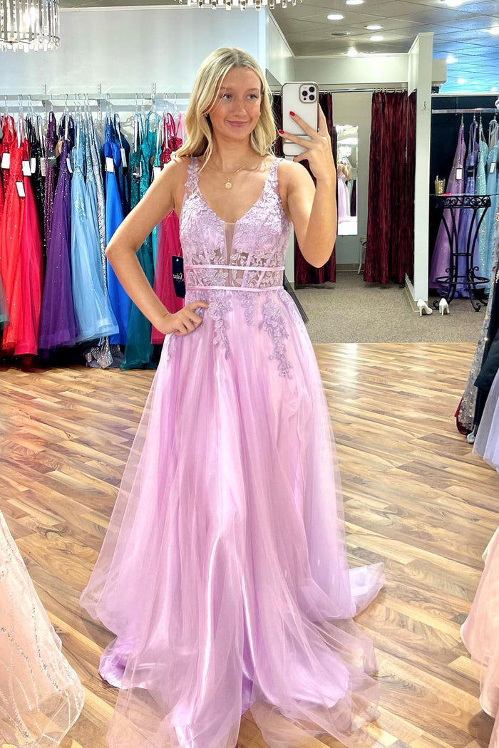 Lilac A-line V Neck Beaded Appliques Sleeveless Tulle Long Prom Dress
