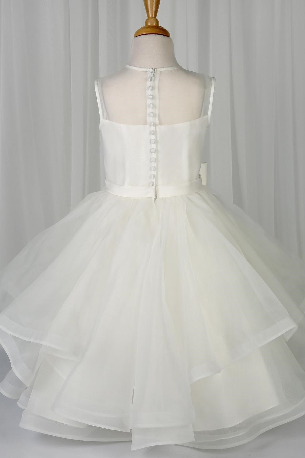 White Illusion Neck Multi-Layers Buttons Long Flower Girl Dress wit Bow