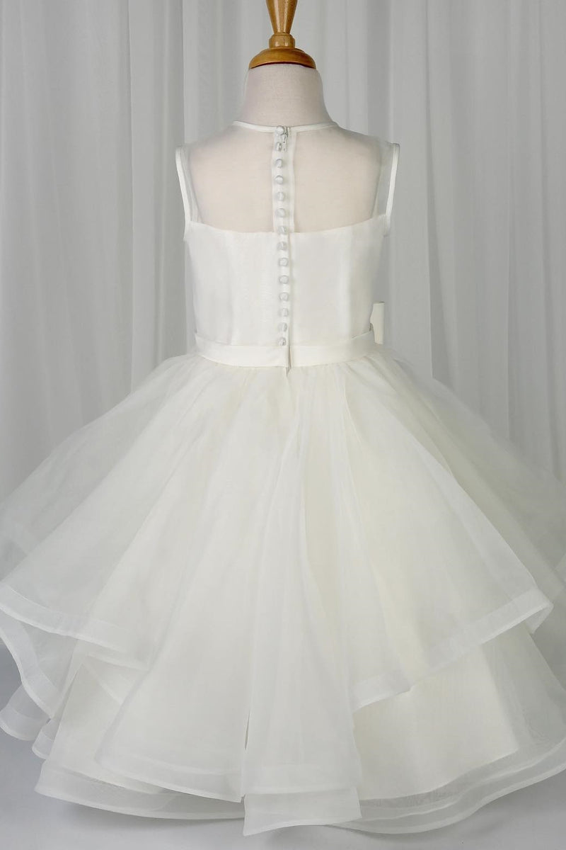 White Illusion Neck Multi-Layers Buttons Long Flower Girl Dress wit Bow
