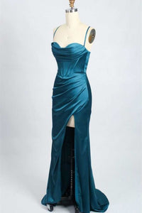 Teal Blue Cowl Neck Mermaid Long Prom Dress with Slit