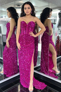 Fuchsia Sequin Sweetheart Mermaid Long Prom Dress with Slit