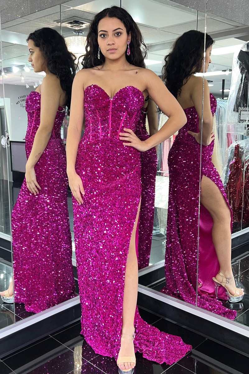 Fuchsia Sequin Sweetheart Mermaid Long Prom Dress with Slit