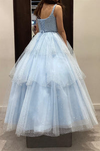 Light Blue Sweetheart Beaded Straps Lace-Up Multi-Layers Long Prom Dress