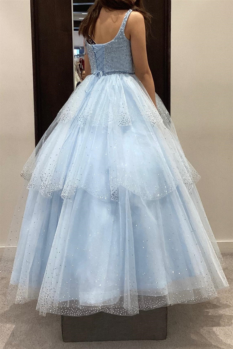Light Blue Sweetheart Beaded Straps Lace-Up Multi-Layers Long Prom Dress