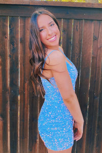 Blue Sheath Sequins Lace-Up Mini Homecoming Dress 