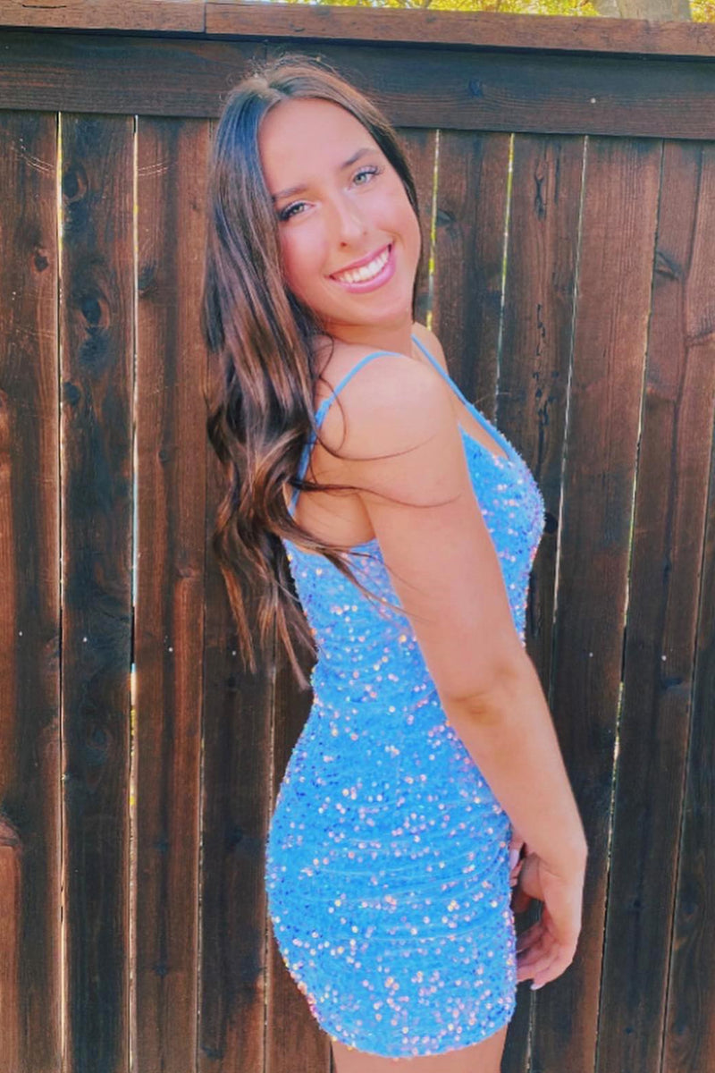 Blue Sheath Sequins Lace-Up Mini Homecoming Dress 