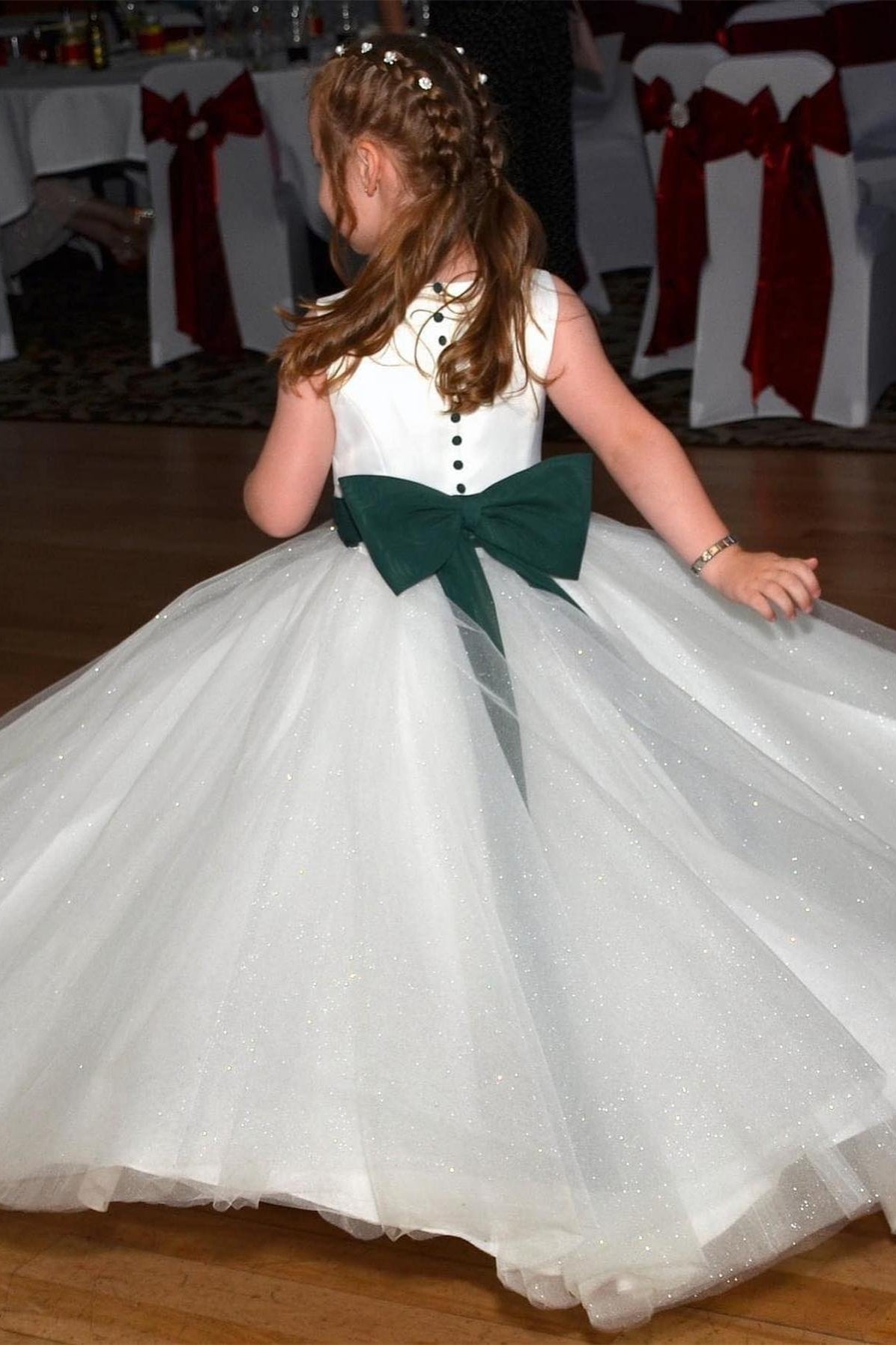 White Jewel Sleeves Buttons Long Flower Girl Dress with Green Bow Sash