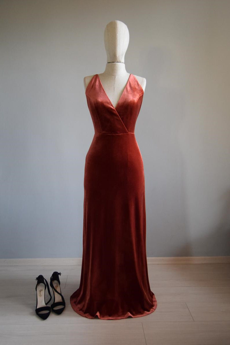 V-Neck Sleeveless Velvet Long Bridesmaid Dress