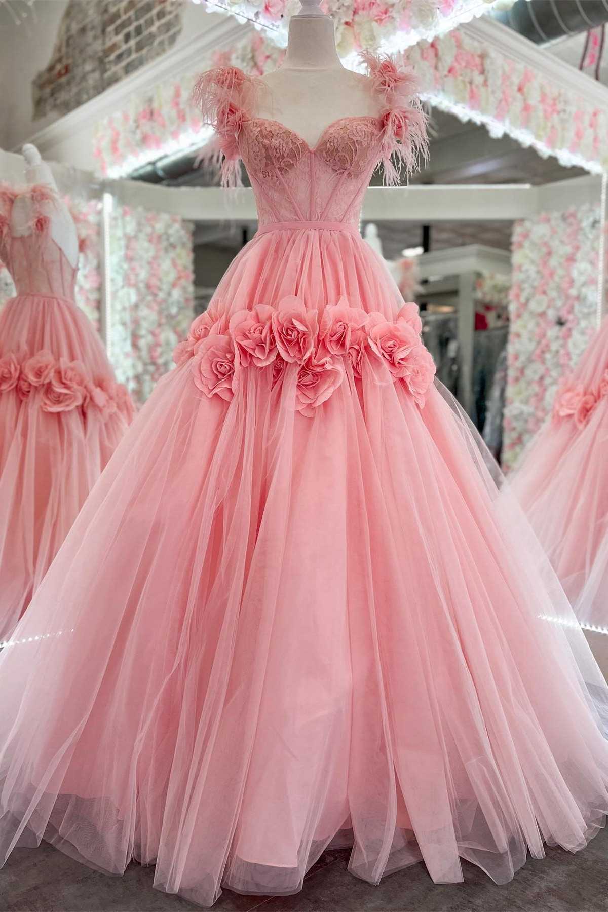 Pink Feather Lace Sweetheart A-Line Prom Dress with 3D Floral Lace