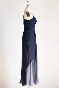 One-Shoulder Navy Blue Lace Long Bridesmaid Dress