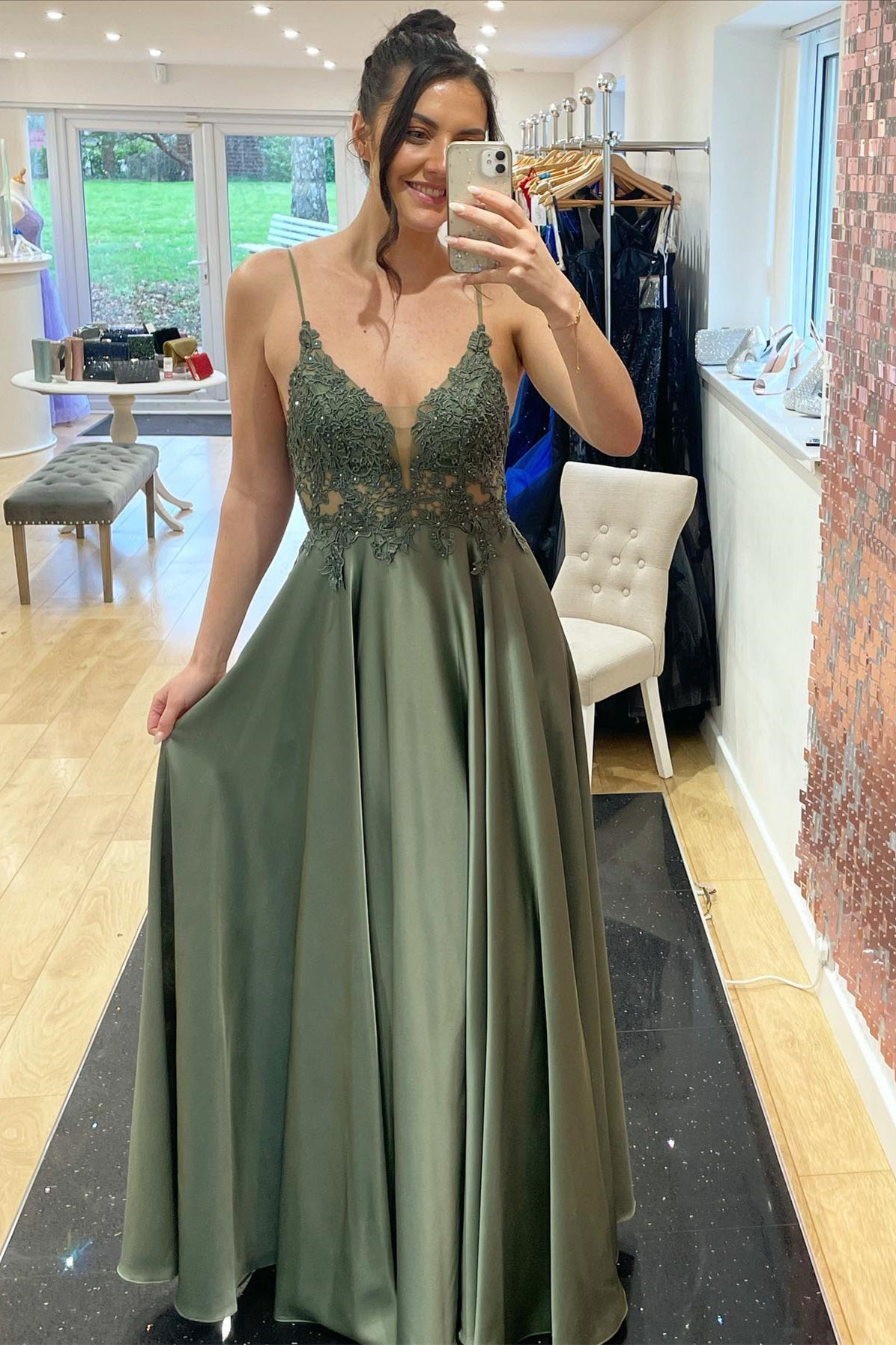 Eucalyptus Satin V Neckline Applique Long Prom Dress