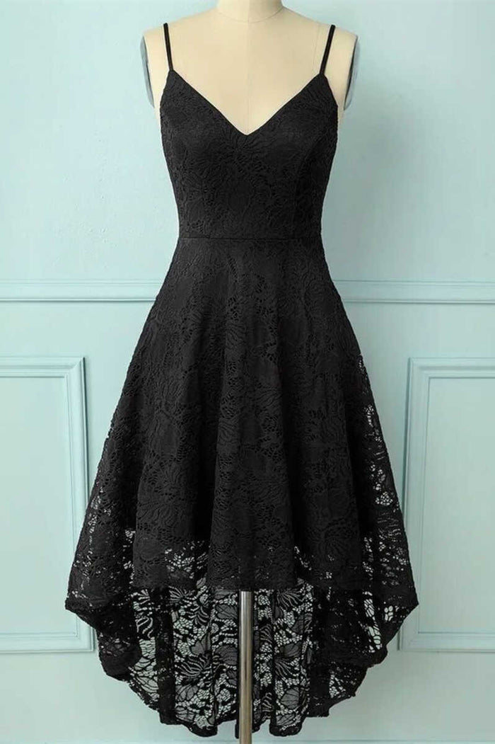 Spaghetti Strap High-Low Burgundy Lace Bridesmaid Dress