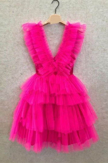Fuchsia Ruffle-Layers Plunging V Neck Homecoming Dress