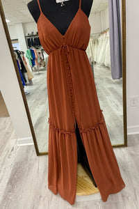 Brown V Neck Straps Ruffle Buttons Long Bridesmaid Dress with Slit