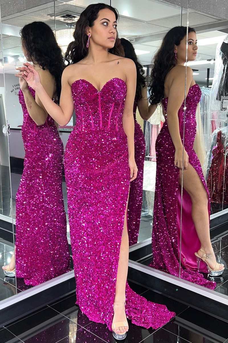 Fuchsia Sequin Sweetheart Mermaid Long Prom Dress with Slit