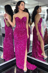 Fuchsia Sequin Sweetheart Mermaid Long Prom Dress with Slit