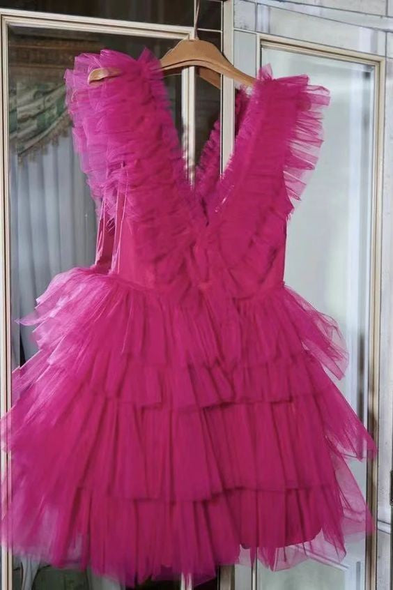 Fuchsia Ruffle-Layers Plunging V Neck Homecoming Dress